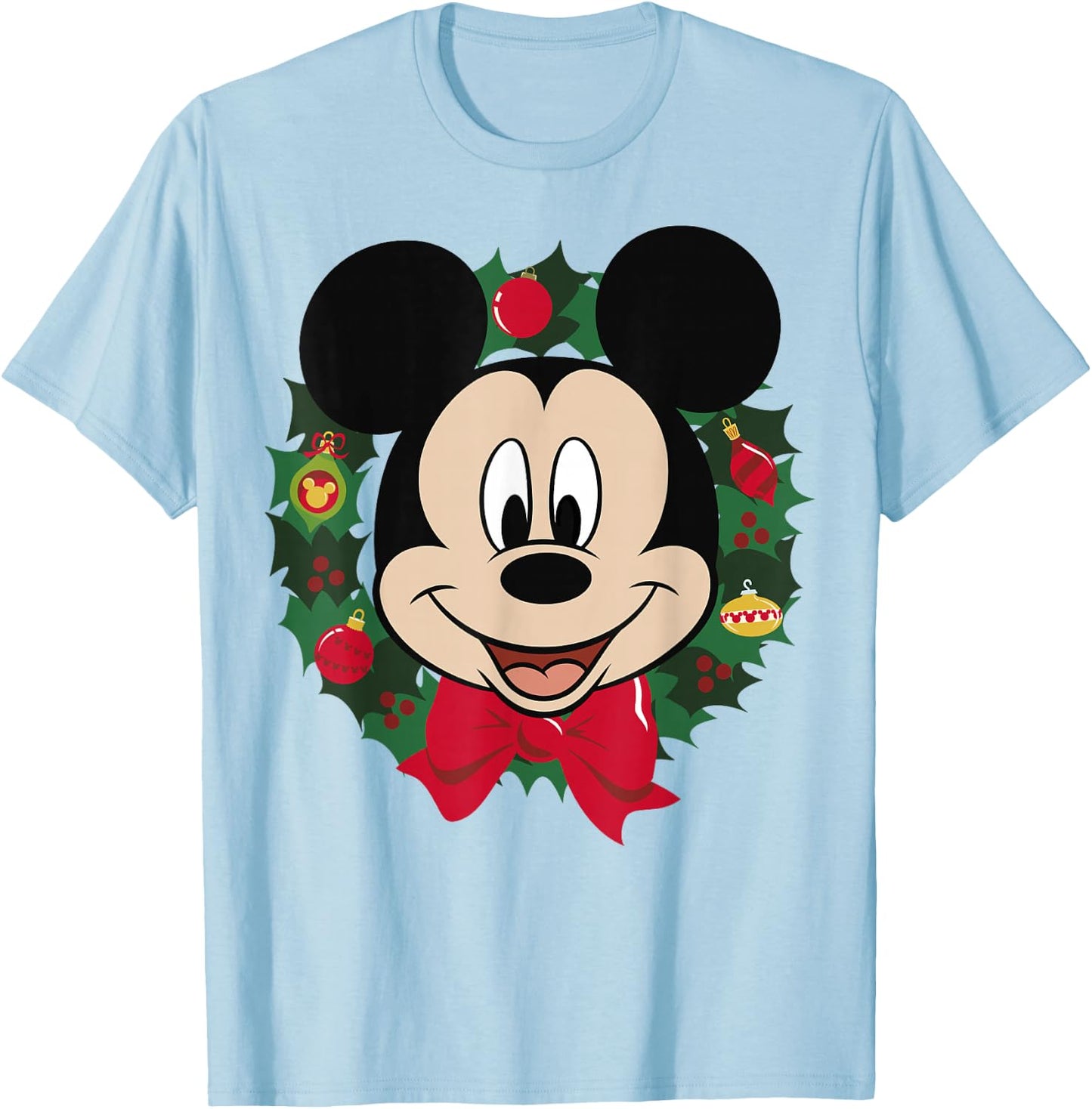 Disney Mickey Mouse Christmas Wreath Portrait T-Shirt - T-Shirt | Light Blue
