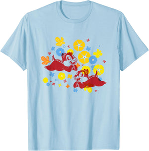 Disney Mickey and Friends Cute Chip & Dale Chest Floral Logo T-Shirt - T-Shirt | Light Blue