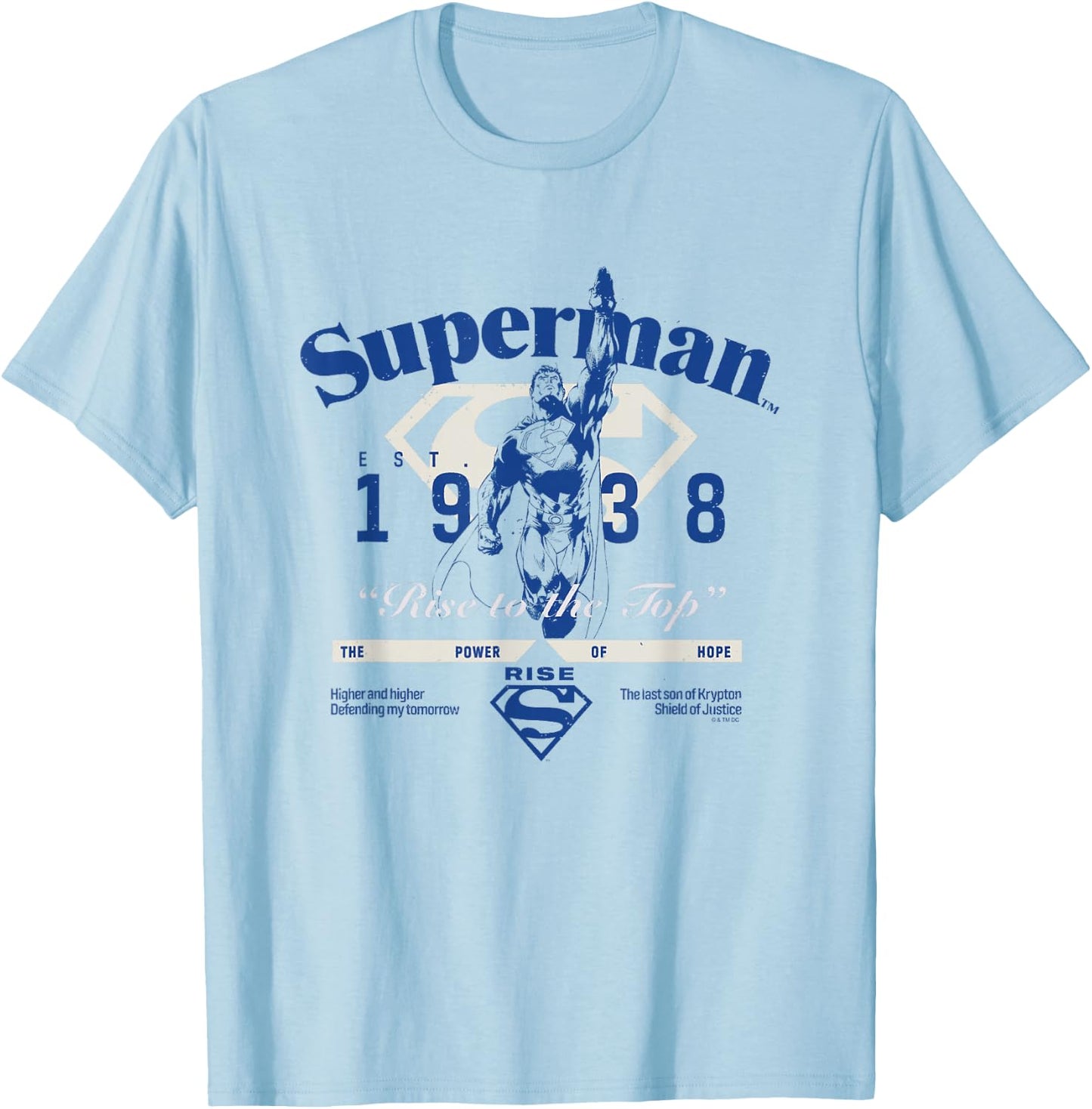 DC Comics Superman Rise to The Top Est. 1938 Vintage Logo T-Shirt - T-Shirt | Light Blue