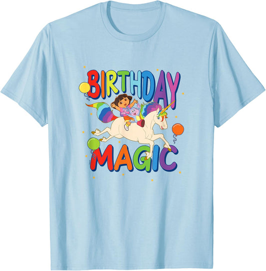 Dora the Explorer Birthday Magic Dora & Boots Riding Unicorn T-Shirt - T-Shirt | Light Blue