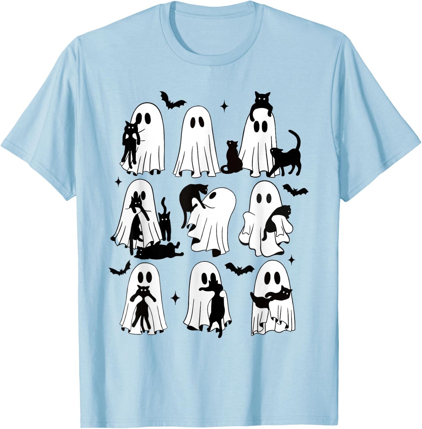 Funny Ghost Holding A Black Cat Lazy Halloween Spooky Season T-Shirt - T-Shirt | Light Blue