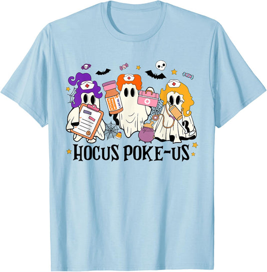 Retro Funny Hocus Poke-us Spooky Nurse Halloween Cute Ghost T-Shirt - T-Shirt | Light Blue