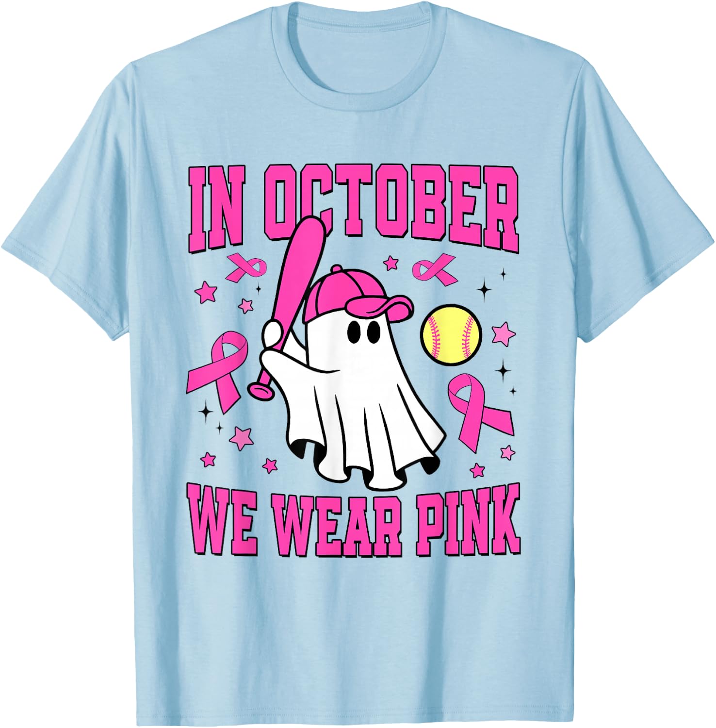 In October We Wear Pink Ghost Softball Funny Breast Cancer T-Shirt - T-Shirt | Light Blue