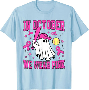 In October We Wear Pink Ghost Softball Funny Breast Cancer T-Shirt - T-Shirt | Light Blue