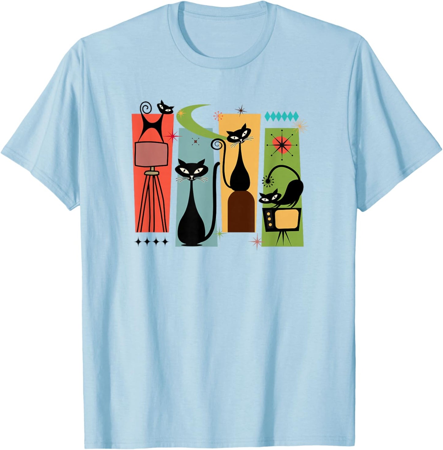 Mid Century Modern Look Cats 50s 60s Atomic Age Space Retro T-Shirt - T-Shirt | Light Blue