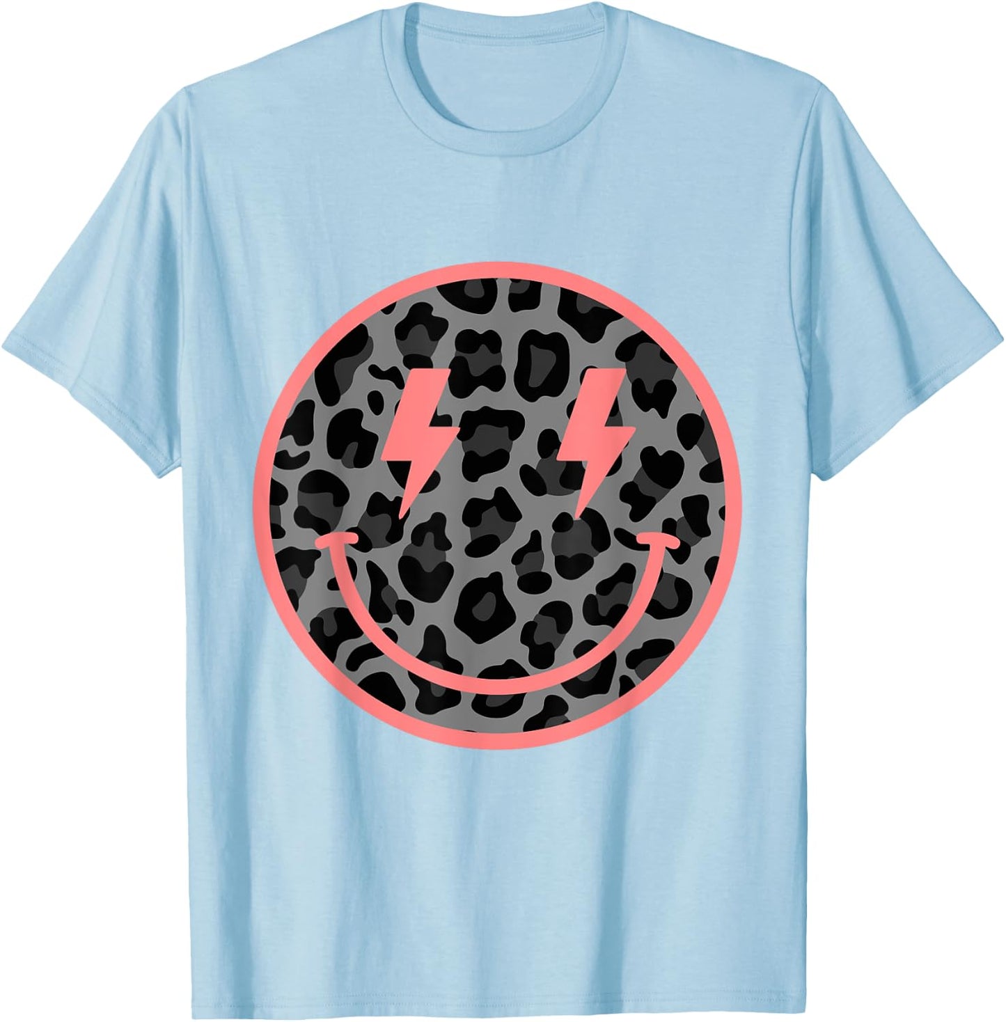 Retro Happy Face Leopard Print Cheetah Smile Face T-Shirt - T-Shirt | Light Blue