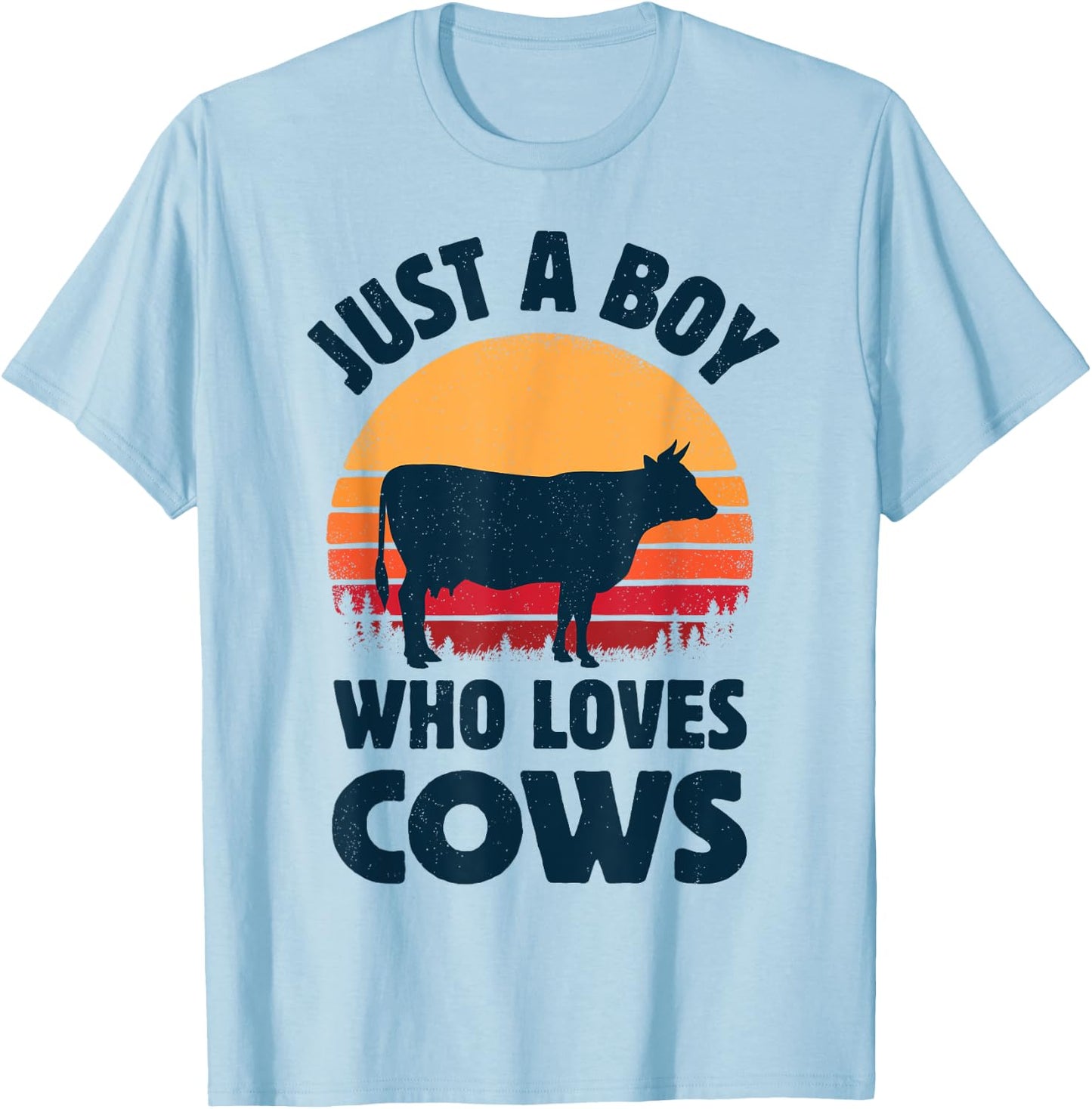 Cow Just A Boy Who Loves Retro Farm Animal Farmer Sunset T-Shirt - T-Shirt | Light Blue