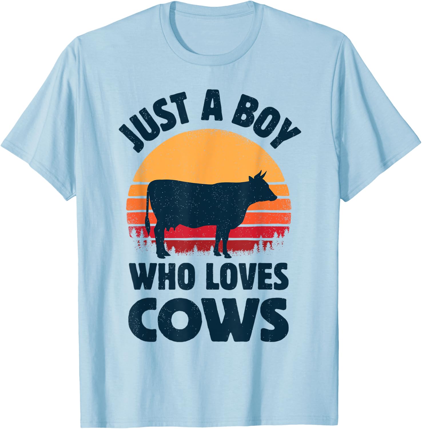 Cow Just A Boy Who Loves Retro Farm Animal Farmer Sunset T-Shirt - T-Shirt | Light Blue
