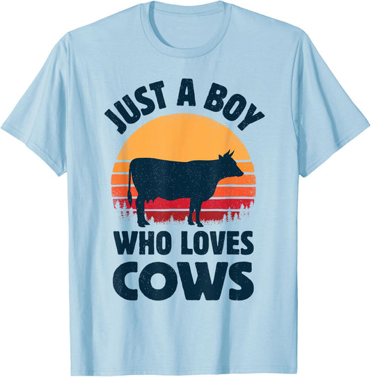 Cow Just A Boy Who Loves Retro Farm Animal Farmer Sunset T-Shirt - T-Shirt | Light Blue