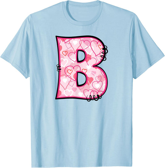 Letter B Pink Initial Monogram Hearts Girly T-Shirt - T-Shirt | Light Blue
