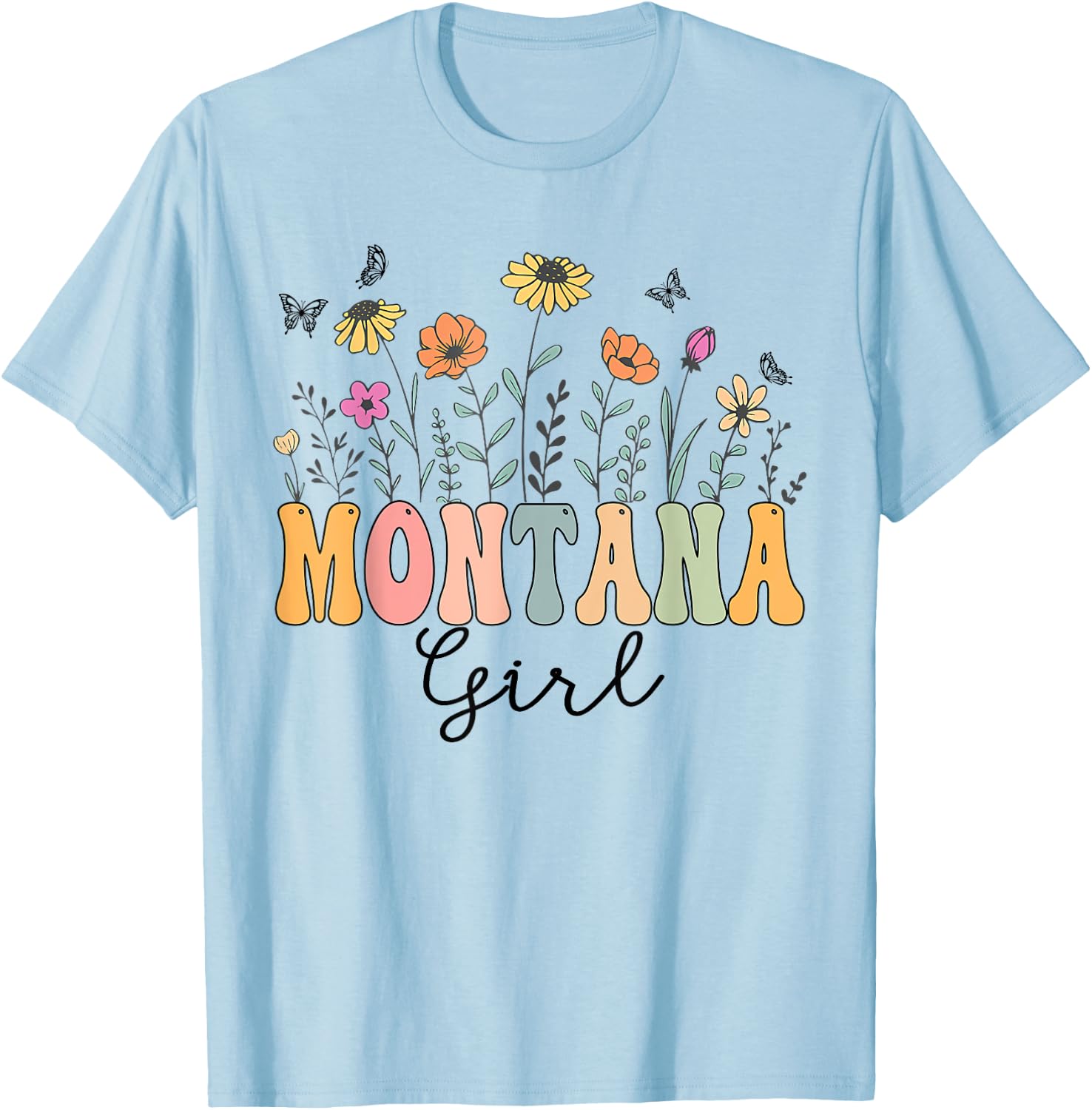 Montana Girl Wildflower Groovy Montana Lover T-Shirt - T-Shirt | Light Blue