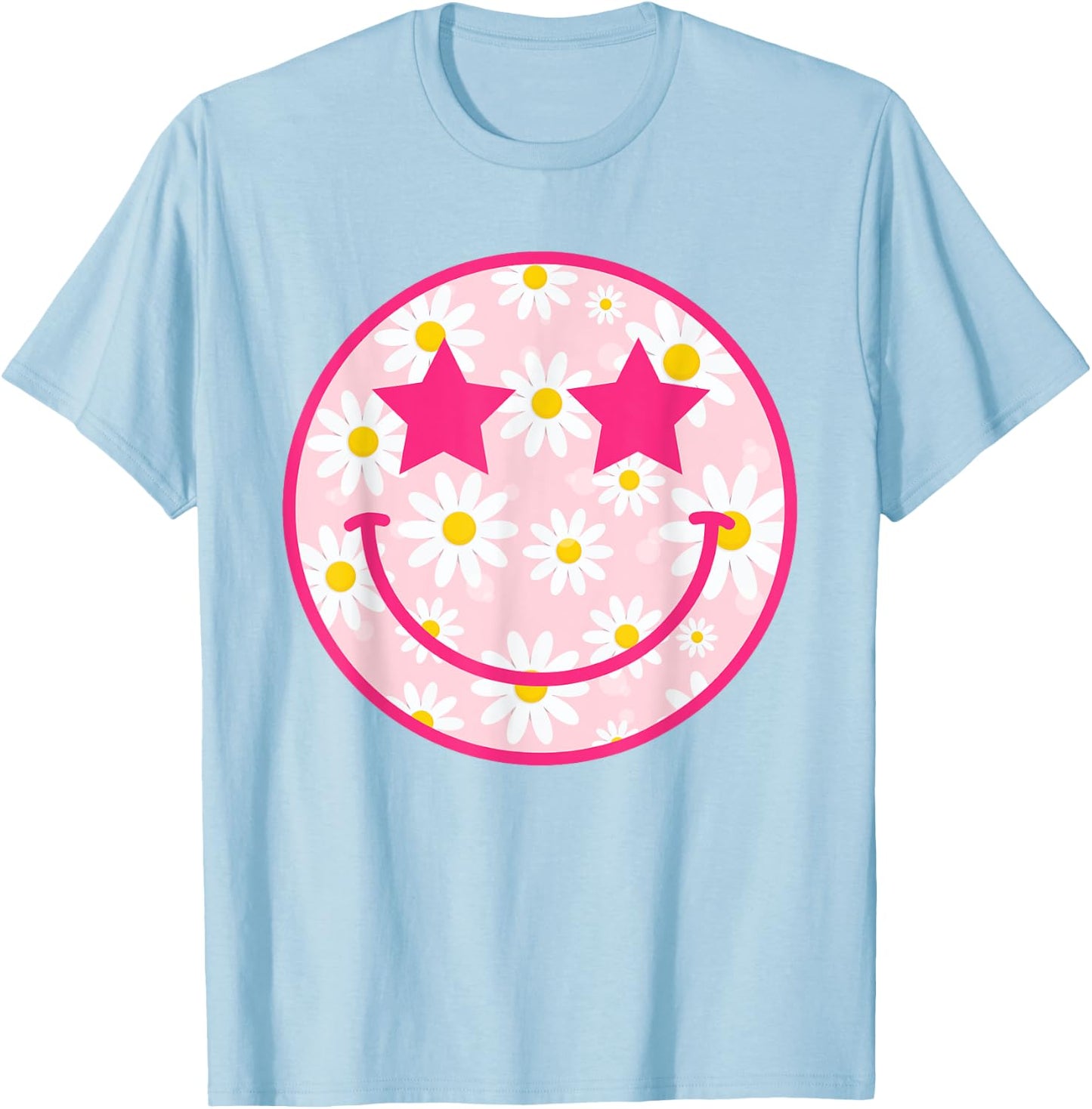 Happy Face Floral Shirt Preppy Aesthetic Smiling Face T-Shirt - T-Shirt | Light Blue