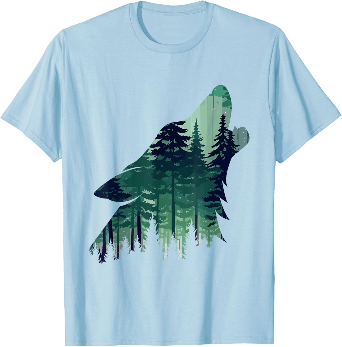 Landscape Animal Art Nature Forest Hiking Howling Wolf T-Shirt - T-Shirt | Light Blue