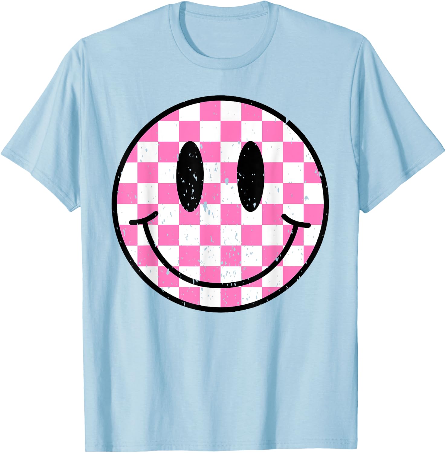 Retro Groovy Checkered Pattern Smile Face Trendy Kids T-Shirt - T-Shirt | Light Blue