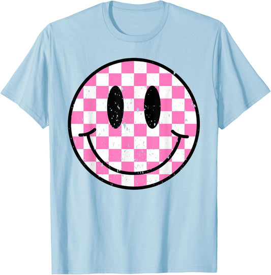 Retro Groovy Checkered Pattern Smile Face Trendy Kids T-Shirt - T-Shirt | Light Blue