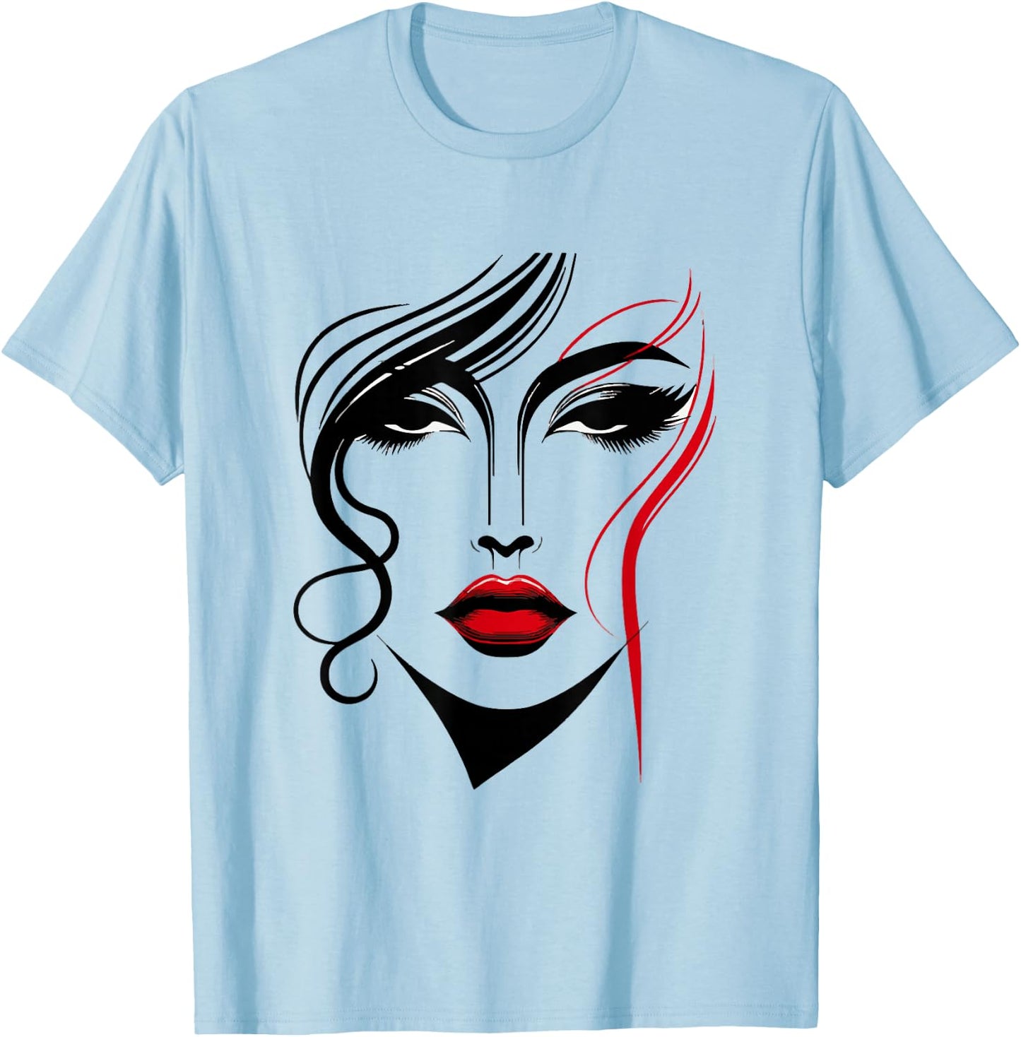 Abstract Female Face With Red Lipstick Abstract Art Piece T-Shirt - T-Shirt | Light Blue