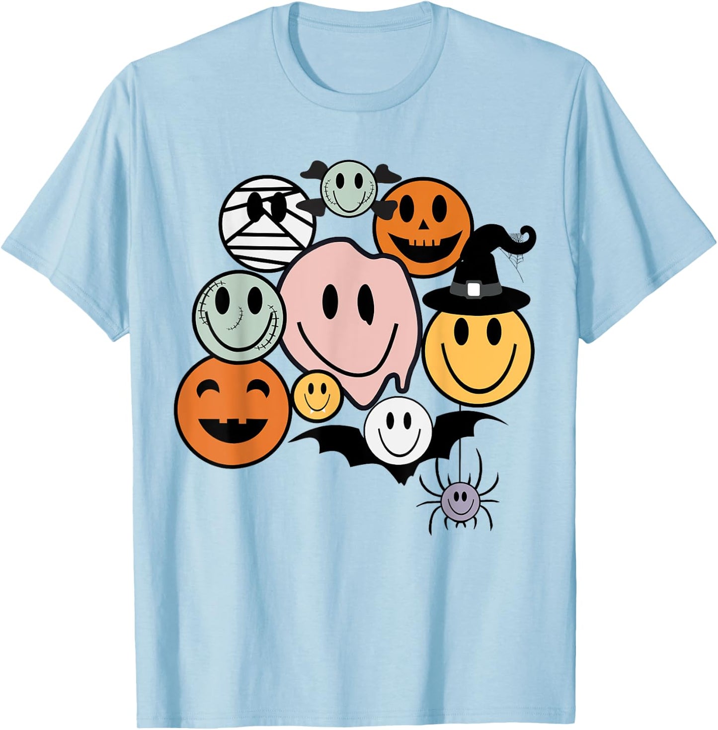 Funny Retro Halloween Smile Face Spooky Men Women Boy Girl T-Shirt - T-Shirt | Light Blue