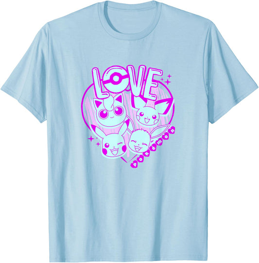 Pokémon Valentine's Day Neon Pink Pocket Monster Sketch T-Shirt - T-Shirt | Light Blue