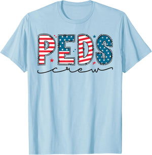Peds Crew 4th Of July Patriotic Pediatric Nurse USA Flag T-Shirt - T-Shirt | Light Blue