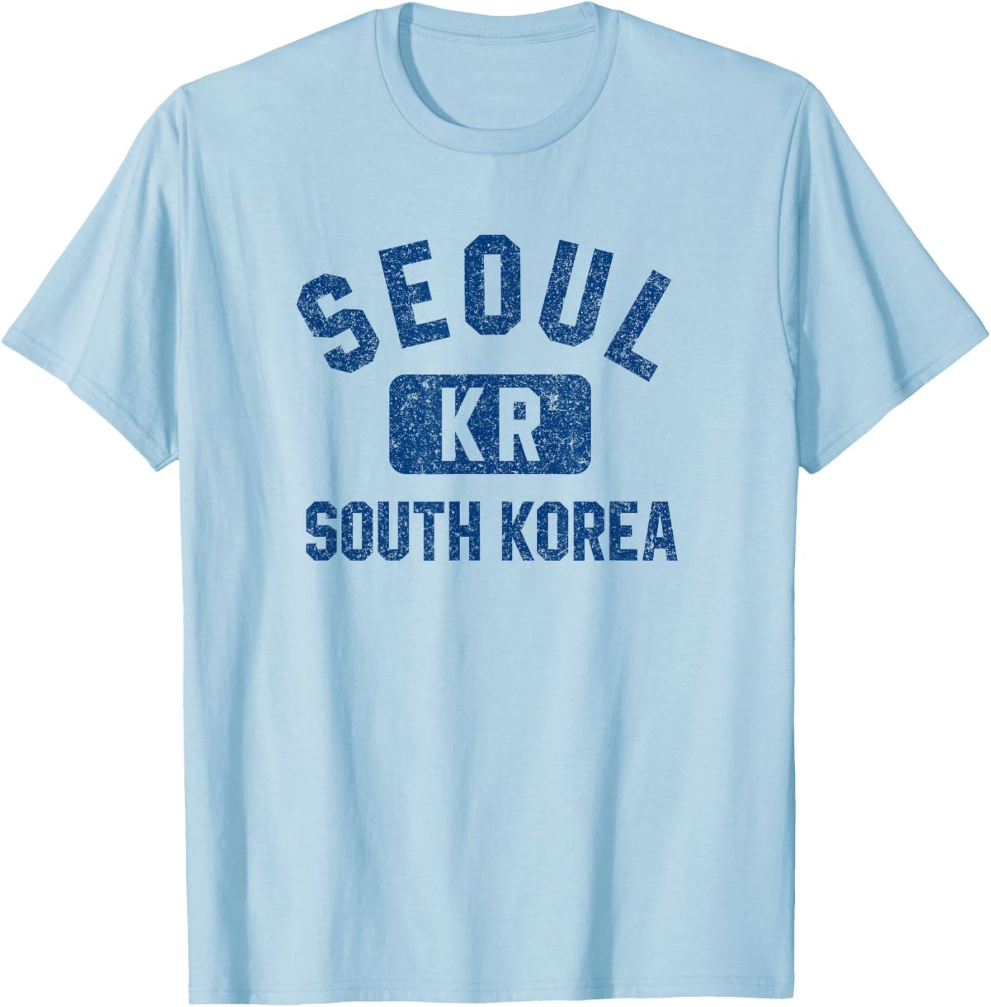Seoul South Korea KR Gym Style Distressed Dark Blue Print T-Shirt - T-Shirt | Light Blue