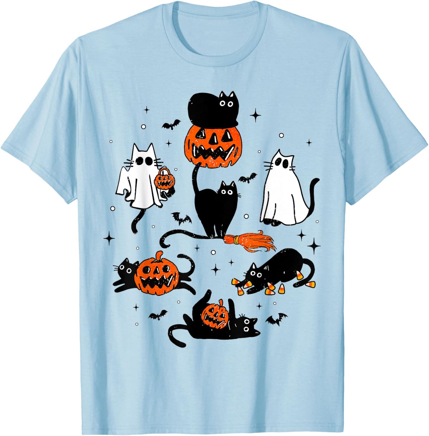 Cute Ghost Black Cat Playing Pumpkin Halloween Costume Men Women Kids T-Shirt - T-Shirt | Light Blue