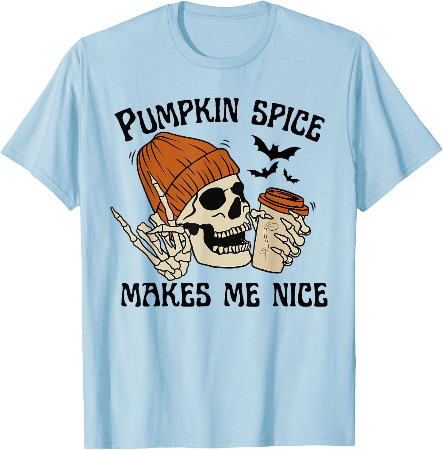 Pumpkin Spice Make Me Nice Retro Skeleton Funny Halloween T-Shirt - T-Shirt | Light Blue