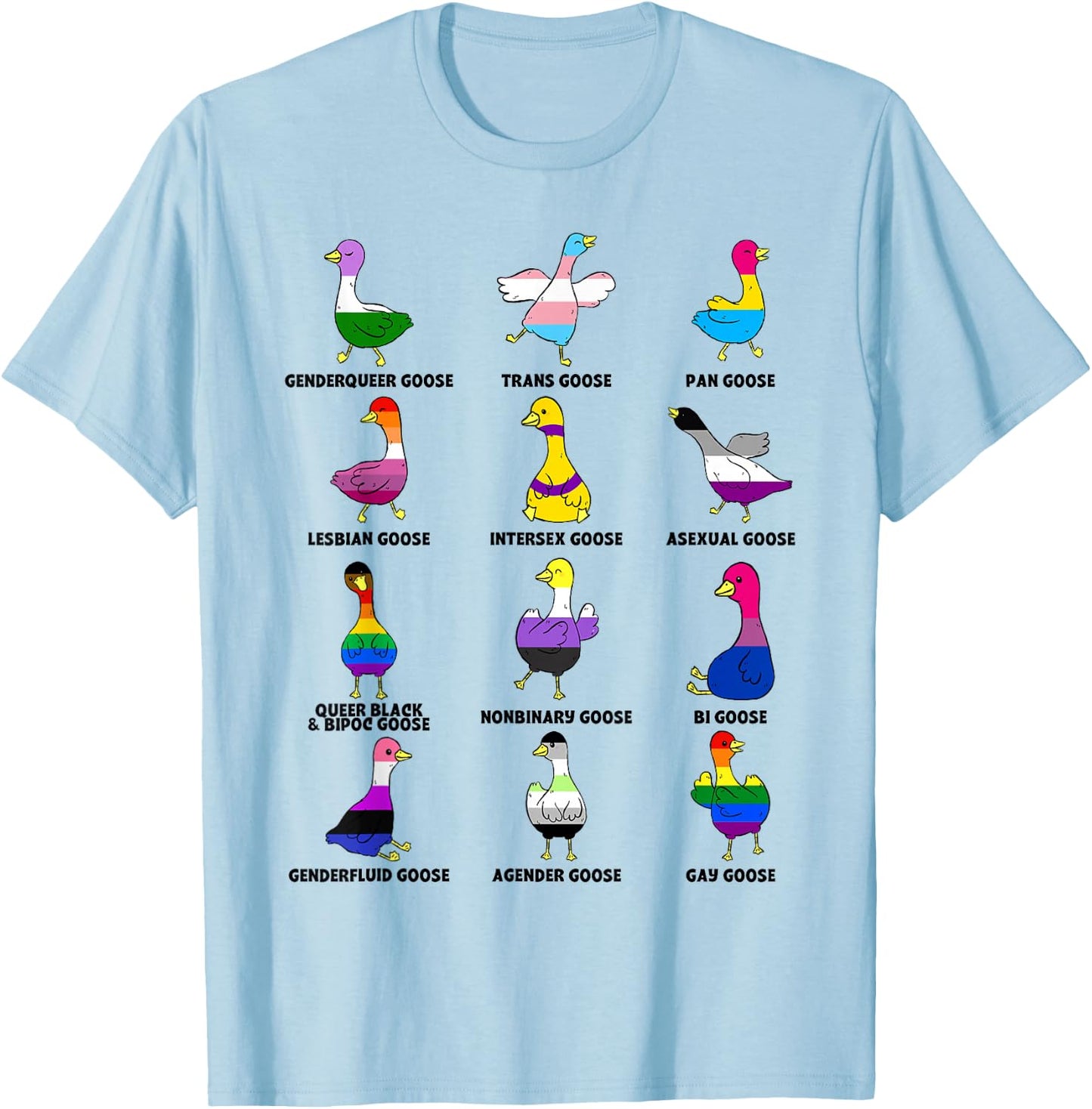Cute Goose Geese LGBTQ Pride Month Rainbow Flag Proud Ally T-Shirt - T-Shirt | Light Blue