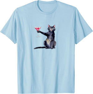 Cat with Martini Glass Cocktail T-Shirt - T-Shirt | Light Blue
