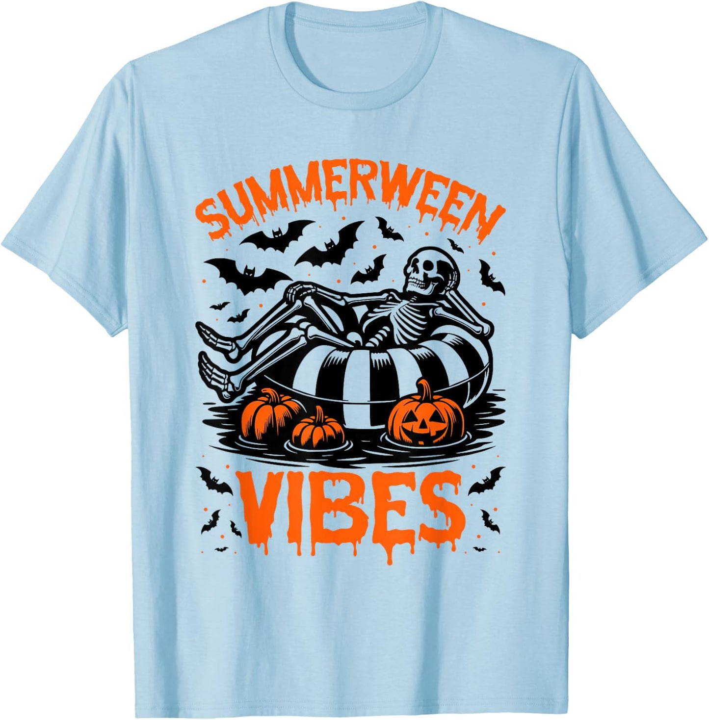 Summerween Vibes Skeleton Float Summer Halloween T-Shirt - T-Shirt | Light Blue