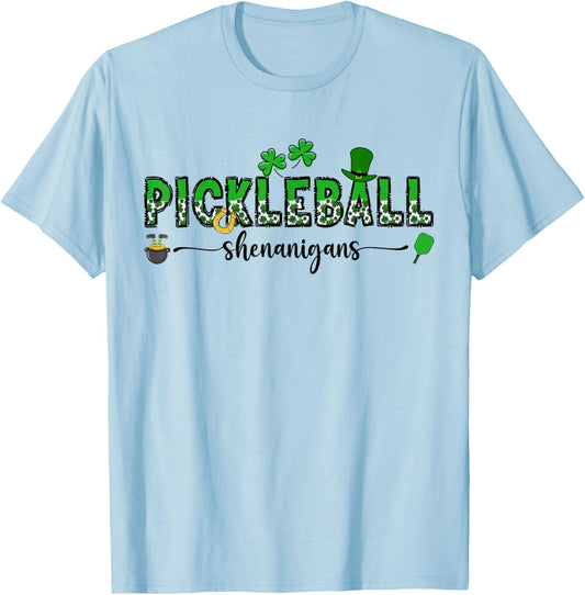 Cute Pickleball Shenanigans Shamrock Clover St. Patricks Day T-Shirt - T-Shirt | Light Blue