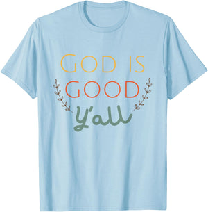 Retro God is Good Y'all Christian Faith Vintage T-Shirt - T-Shirt | Light Blue