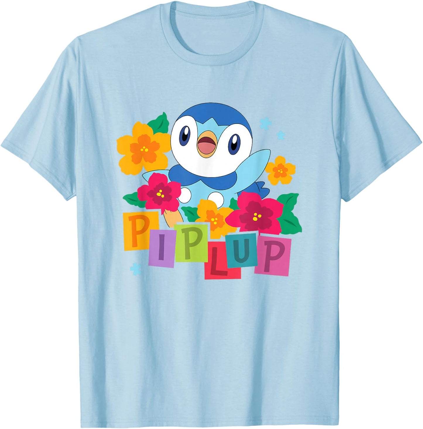 Pokémon Cute Happy Piplup Big Chest Colorful Floral Poster T-Shirt - T-Shirt | Light Blue