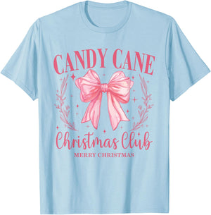 Candy Cane Christmas Club Pink Bow Vintage Christmas T-Shirt - T-Shirt | Light Blue