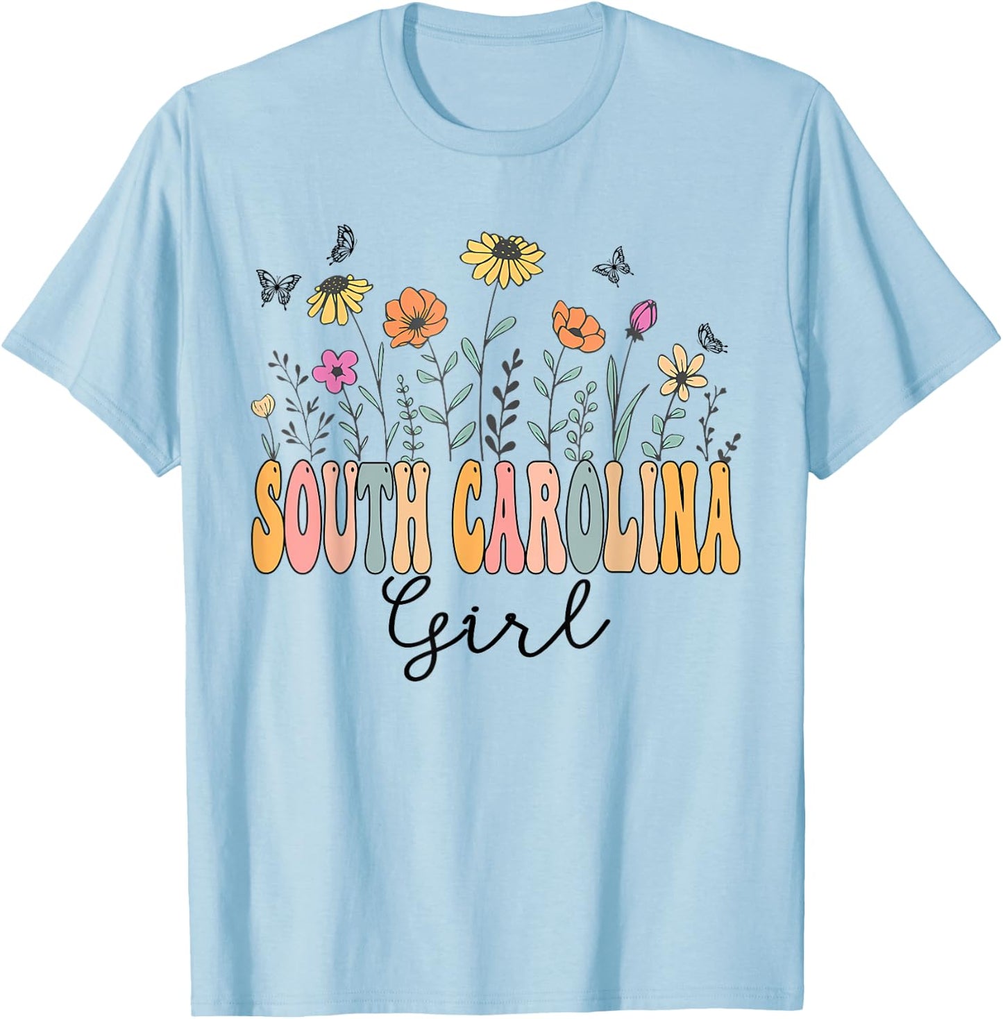 South Carolina Girl Wildflower Groovy South Carolina Lover T-Shirt - T-Shirt | Light Blue
