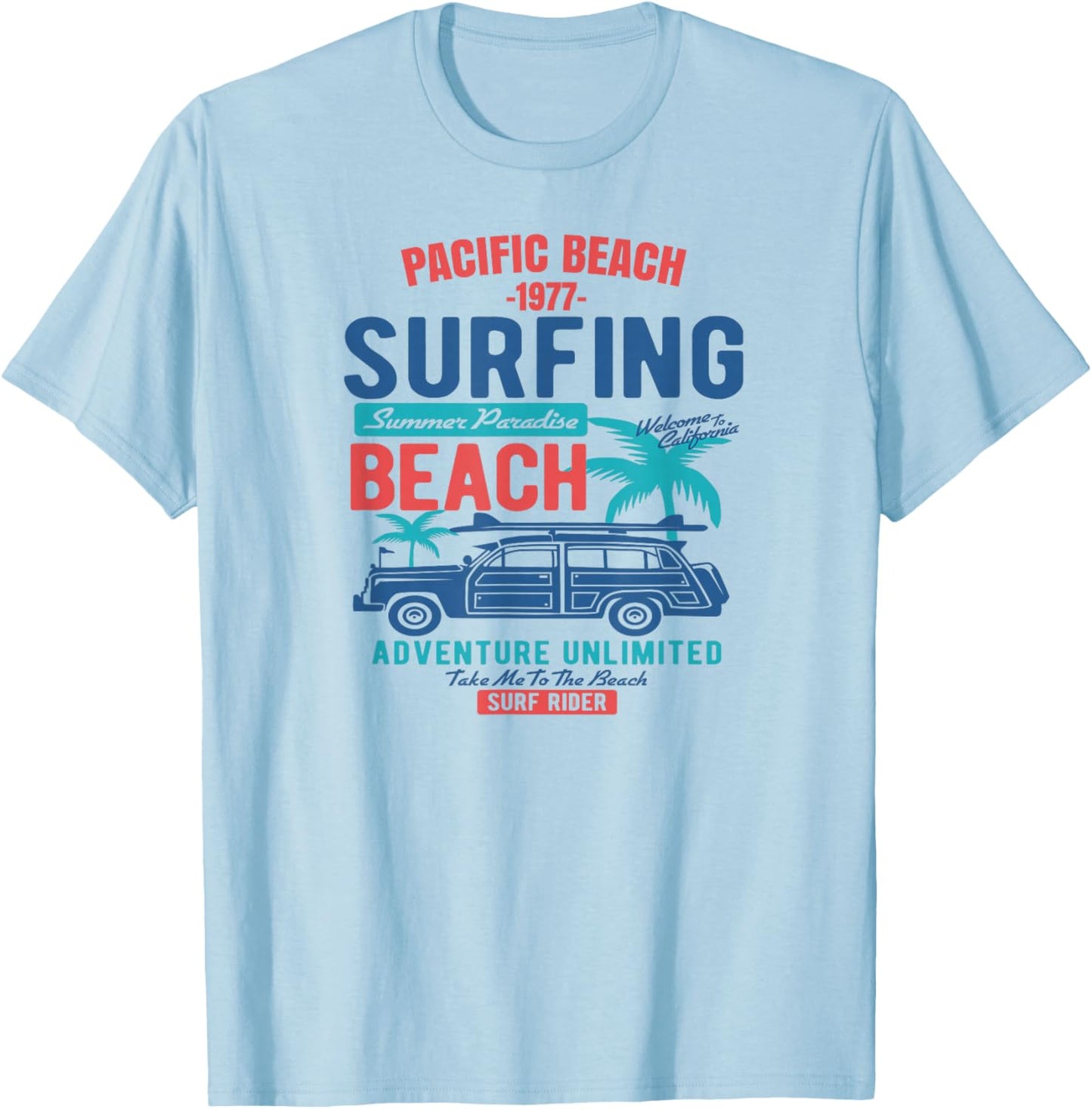 Vintage Style Pacific Beach California Surfing T-Shirt - T-Shirt | Light Blue