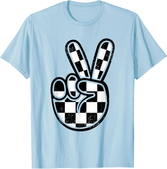 Checkered Peace Sign 60s 70s 80s Race Car Gamer Boys Toddler T-Shirt - T-Shirt | Light Blue
