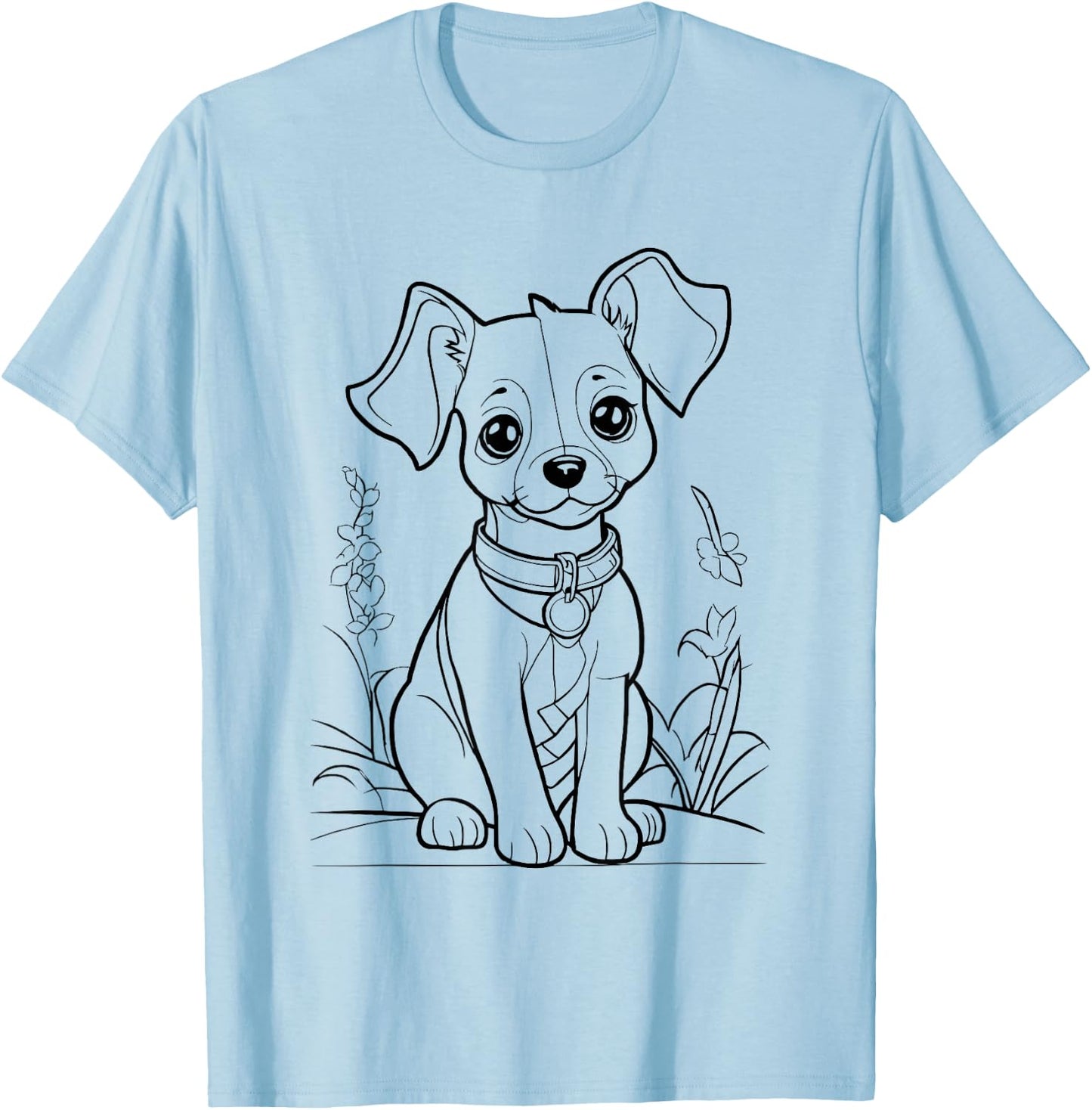 Cute Dog in Flower Field for Colouring with Textile Pens DIY T-Shirt - T-Shirt | Light Blue