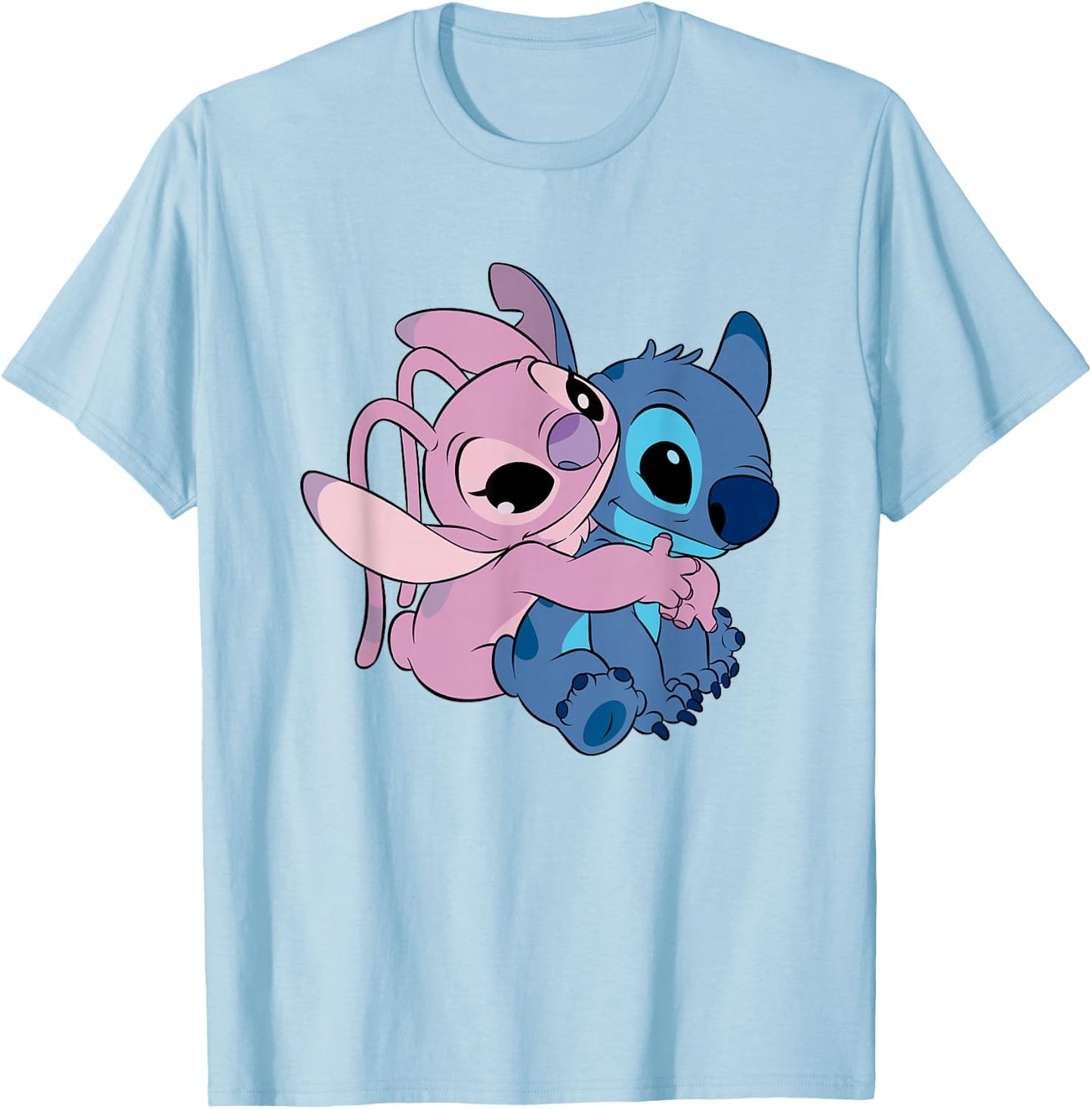 Disney Lilo & Stitch Cute Angel & Stitch Hugging Chest Logo T-Shirt - T-Shirt | Light Blue