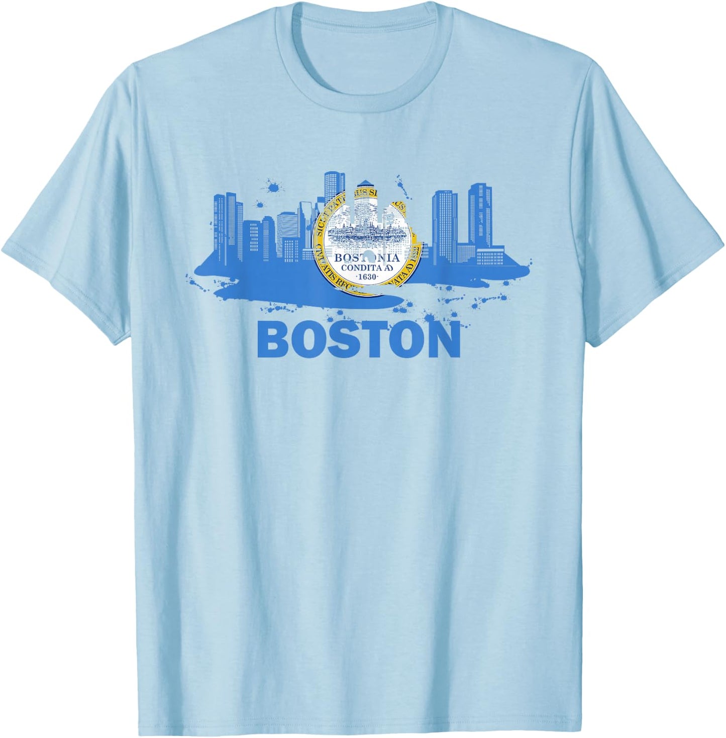 Boston City Flag Downtown Boston Skyline T-Shirt - T-Shirt | Light Blue