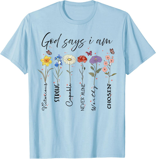God Says I Am Floral Bible Verse Wildflower Retro Christian T-Shirt - T-Shirt | Light Blue