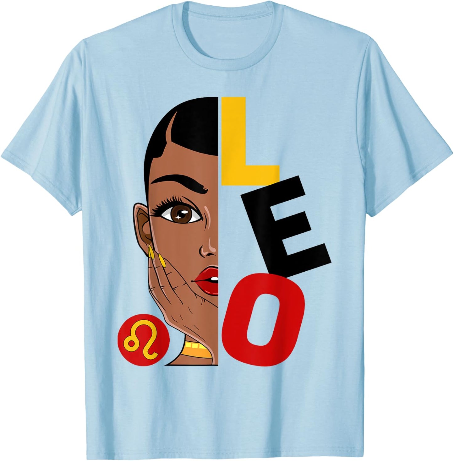 Leo Queen Short Hair Black Woman Girl Zodiac Sign T-Shirt - T-Shirt | Light Blue