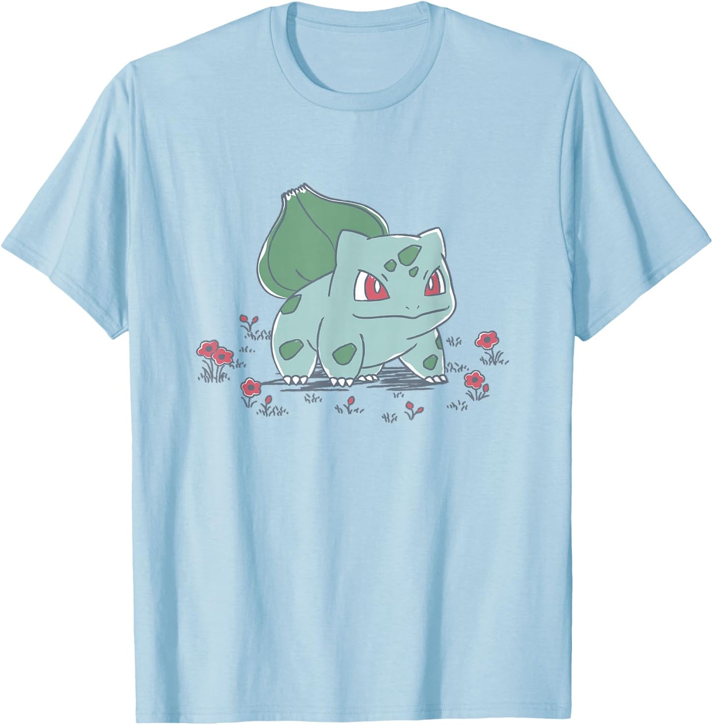 Pokémon Bulbasaur Standing In Flower Garden Retro Sketch T-Shirt - T-Shirt | Light Blue
