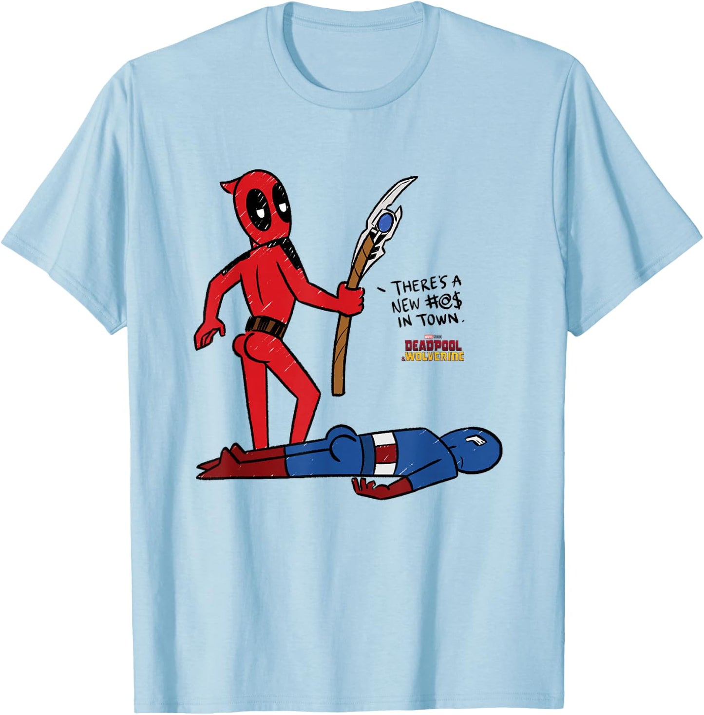 Marvel Deadpool & Wolverine Captain America New in Town T-Shirt - T-Shirt | Light Blue