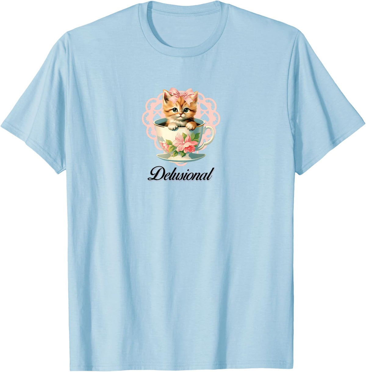 Delusional Coquette Cat Kitten Pink Bow Ribbon Y2K Aesthetic T-Shirt - T-Shirt | Light Blue