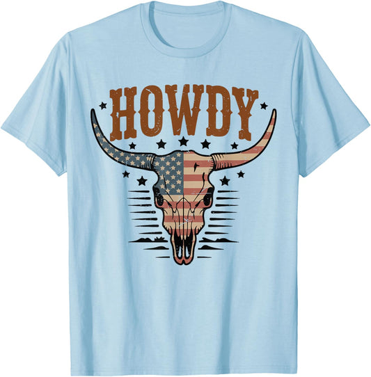 Howdy Cow-Skull American Flag Cowboy Western Rodeo Toddler T-Shirt - T-Shirt | Light Blue
