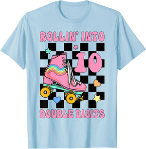 Rolling Into 10 Roller Skating Double Digits 10th Birthday T-Shirt - T-Shirt | Light Blue