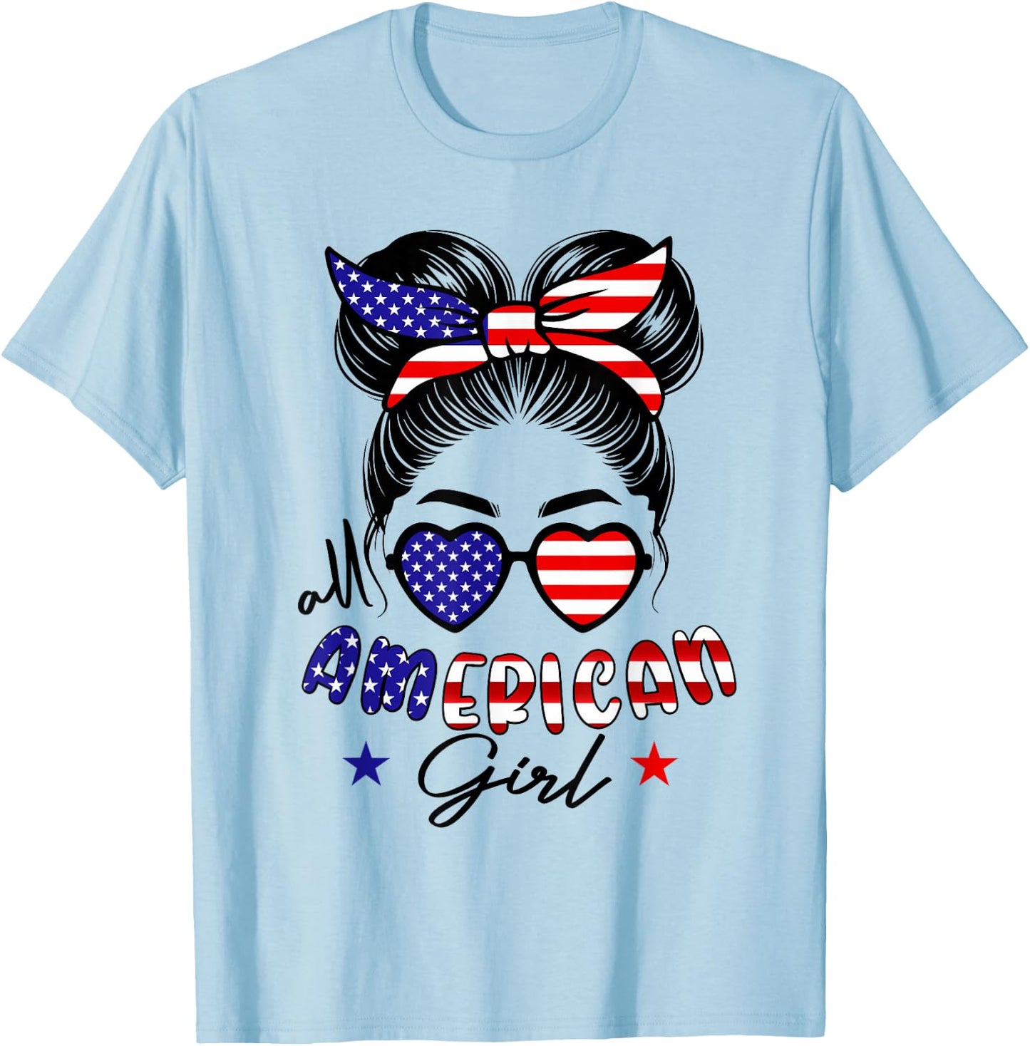 All american girl 4th of july women messy bun usa flag T-Shirt - T-Shirt | Light Blue