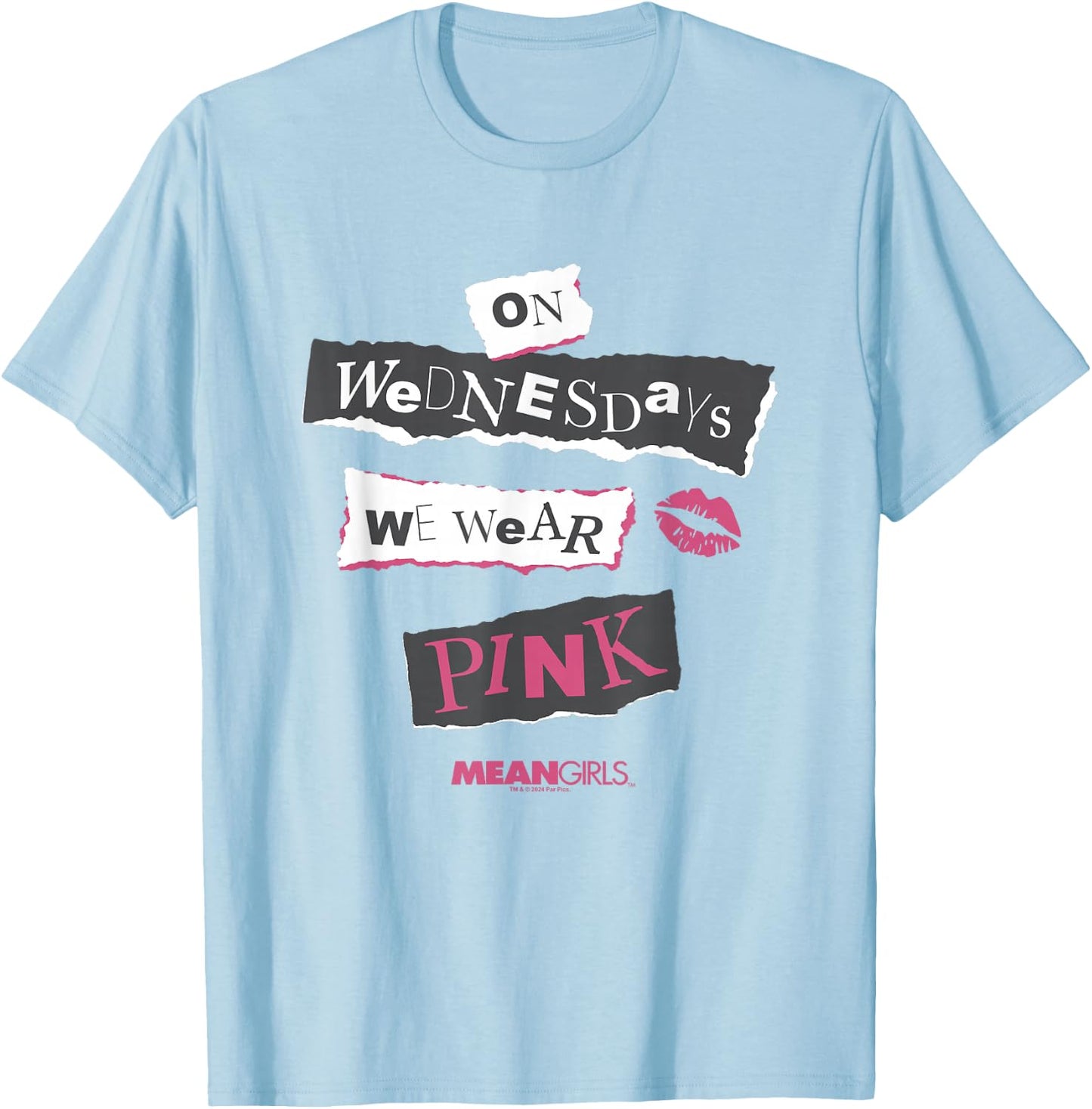 Mean Girls On Wednesdays We Wear Pink Big Chest Text Logo T-Shirt - T-Shirt | Light Blue