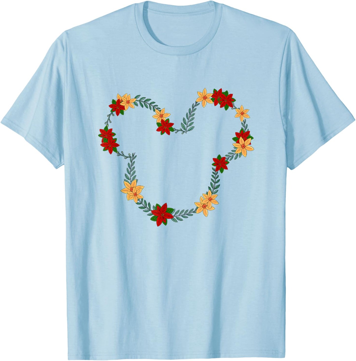 Disney Mickey And Friends December Birth Flower Wreath T-Shirt - T-Shirt | Light Blue