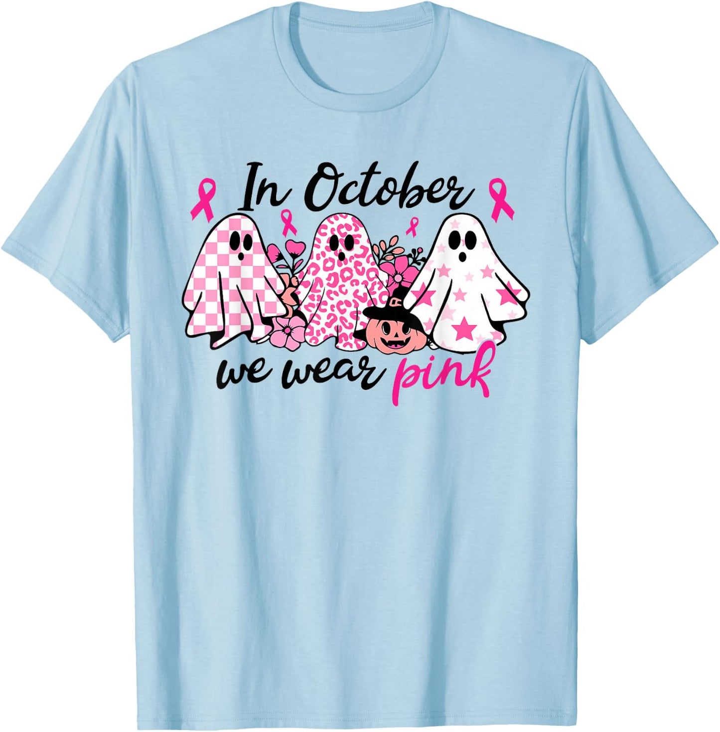 In October We Wear Pink Ghost Breast Cancer Halloween T-Shirt - T-Shirt | Light Blue